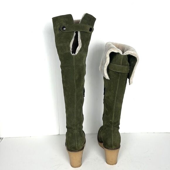 Skinnycalf Italy Olive Suede Shearling Over The Knee Wedge Boots US 8,5-9 - Picture 7 of 16